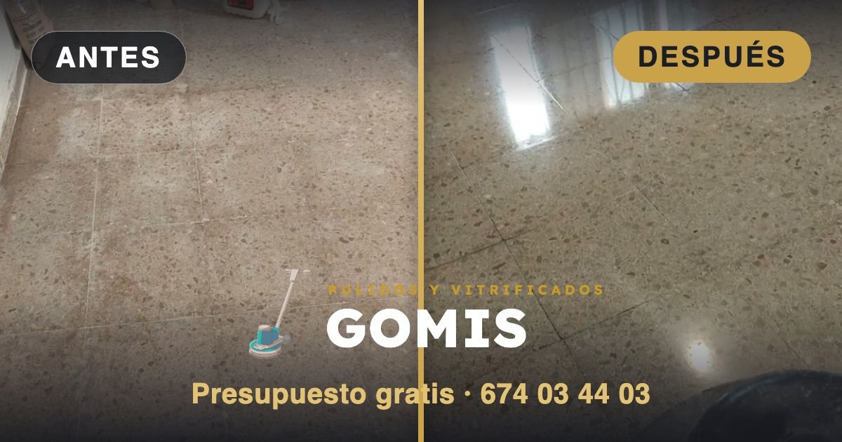 Antes y después de un suelo de terrazo pulido y vitrificado por GOMIS